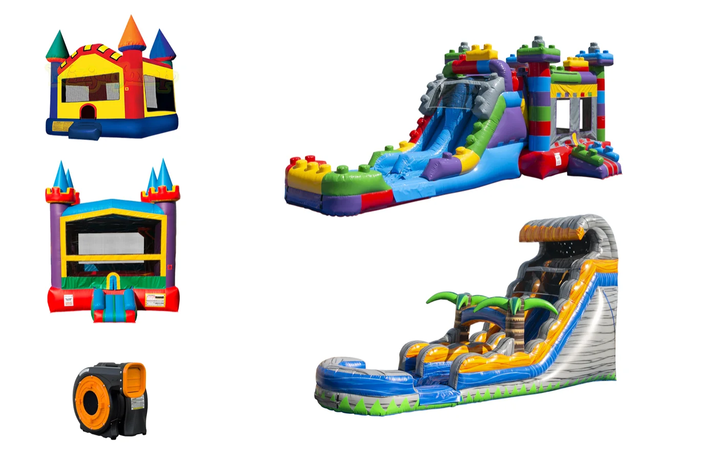 Pro Pack — 2 bouncers + combo + 18ft water slide + tables, chairs, blowers